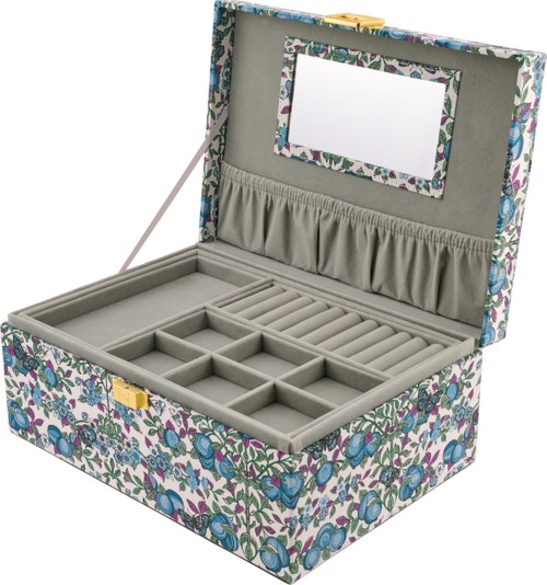 A floral-patterned jewelry box with compartments, a mirror inside the lid, and a soft fabric lining.