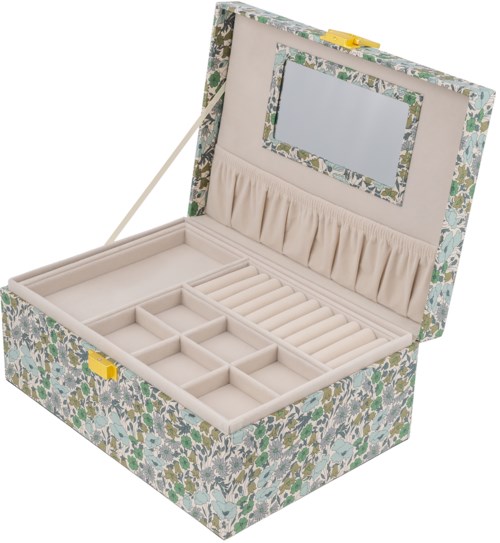 A floral-patterned jewelry box with compartments, a mirror, and a soft interior for storing rings and accessories.