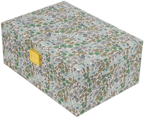 A rectangular box with a floral patterned cover and a yellow latch on its side.
