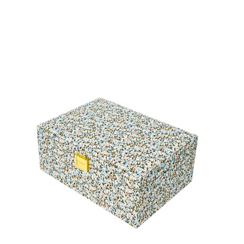 A rectangular box with a colorful, speckled pattern and a yellow tab on the side.