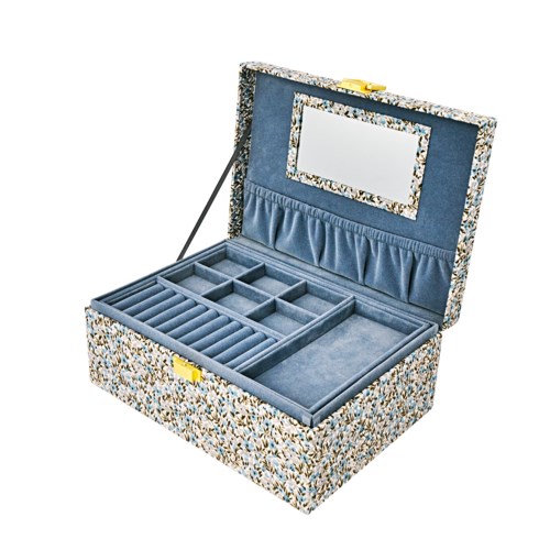 A decorative jewelry box with a velvet interior and multiple compartments for rings, necklaces, and other accessories.