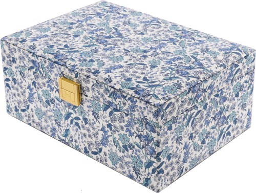 A floral patterned box with a gold latch, covered in blue and white flowers, looks decorative and vintage.