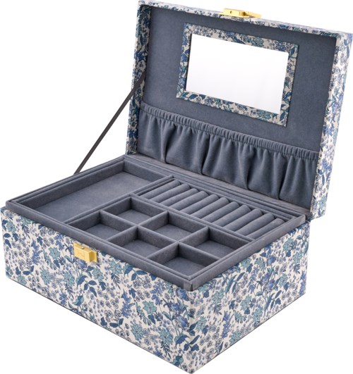 A floral jewelry box with compartments and a mirror inside the lid.