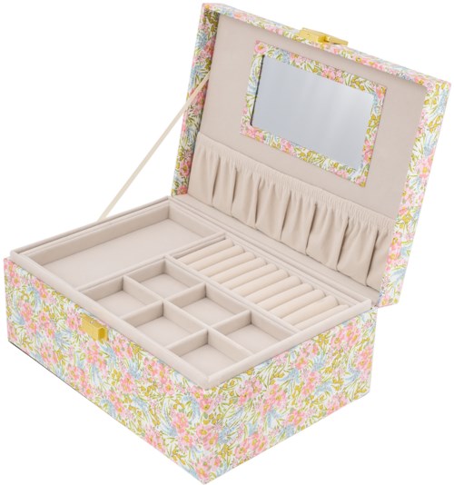 A floral-patterned jewelry box with compartments, a mirror inside the lid, and a fabric-covered interior.