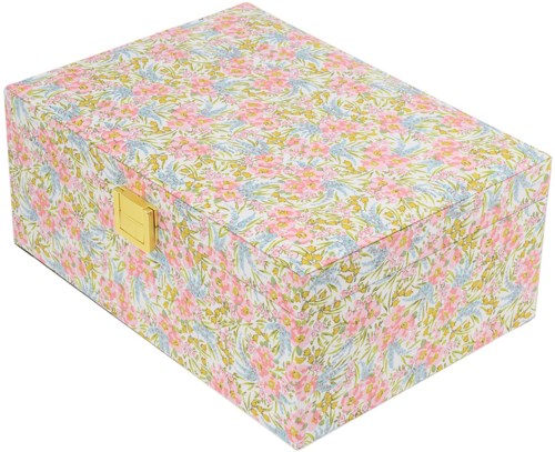 A colorful box with a floral pattern, gold latch, and soft look.