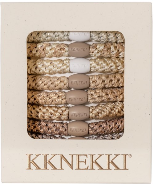 Box with six braided hairbands in natural shades, labeled KKEKKI.
