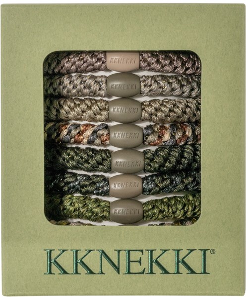 Box of colorful woven hair ties with pink labels. The brand name KKEKKI is on the box.
