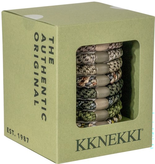 Box with colorful, twisted and pink yarns, labeled "KKNEKKI" and "The Authentic Original", established in 1987.