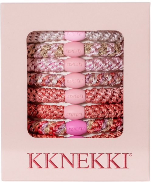 Box of seven colorful braided hairbands, pink tags, arranged in a pink box with "KKNEKKI" label.