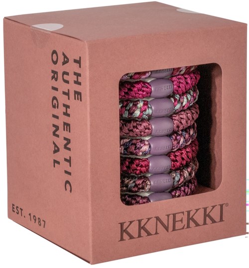 Box mit bunten geflochtenen Haargummis und der Aufschrift "Crafted to Prevent Breakage" auf der Seite.