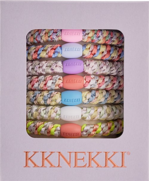 Six colorful braided bracelets with pastel and bright shades inside a white box. The brand name Kknekki is at the bottom.