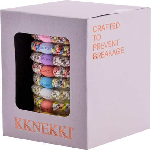 Box of colorful, patterned socks labeled KKNEKKI, with a message about preventing breakage.