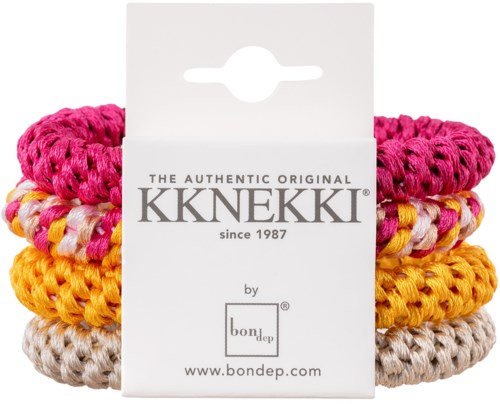 Bunte gestrickte Haargummis auf weißem Hintergrund mit Text und Logo.