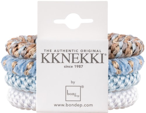 Drei bunte geflochtene Armbänder in Blau, Weiß und Braun mit Etikett von KkkeKki und Bondep.