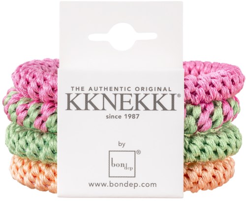 Bunte, geflochtene Gummibänder in Pink, Grün und Orange auf weißem Hintergrund. Markenname und Webseite sichtbar.