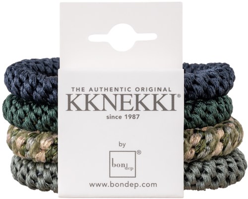 Mehrfarbige, gestrickte oder gehäkelte Haarbänder oder Armbänder gestapelt, mit einem Etikett mit Marke und Webseite.