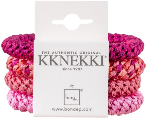 Drei pinke und lila gestrickte Haarbänder auf weißer Karte mit Marken- und Websitinfo.