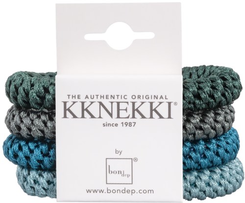 Ein Satz aus fünf bunten, dicken, geflochtenen Haarbändern in Grün, Grau, Blau und Hellblau. Kommt in einer weißen Verpackung.
