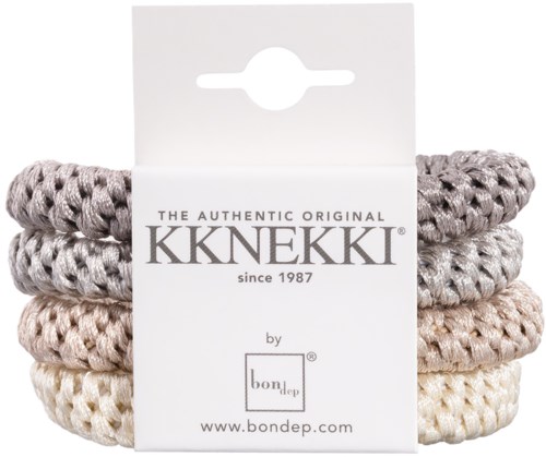 Drei elastische Haarbänder in Grau, Beige und Creme, befestigt an einer weißen Karte mit Marken- und Website-Informationen.