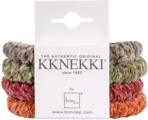 Ein Set bunter, weicher, gestreifter Haargummis in Grün, Rosa, Orange und Beige auf einer weißen Karte.