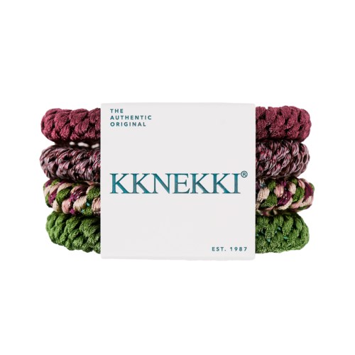 Et sett med tre fargerike, teksturerte hårbånd i rosa, lilla og grønt med en hvit band merket KKNEKK og etablert i 1987.