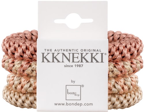 Drei geflochtene Haarbänder in Pink, Beige und Cremefarben auf einem weißen Karte mit Text.