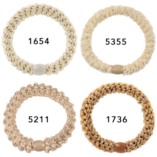 Fyra flätade hårband i olika färger med nummer i mitten, från 1654 till 5355.