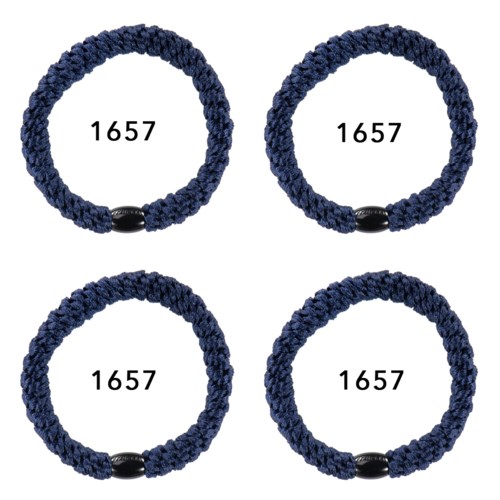 Fyra blå flätade armband med svarta ändar, varje märkt med numret 1657.