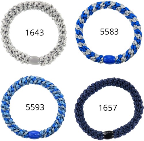 Fyra flätade armband, två i blå nyanser, ett med grå och svart, alla med en stor pärla.