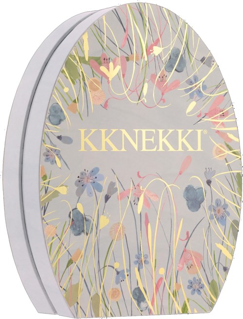 A round container with a floral design and the word KKNEKKI in the center.