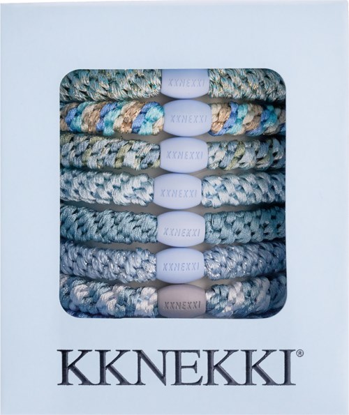 Eight sets of braided shoelaces in different blue and gray shades in a white box.