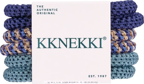A set of colorful, woven hair ties held together by a white label with the brand name KKNKKI.