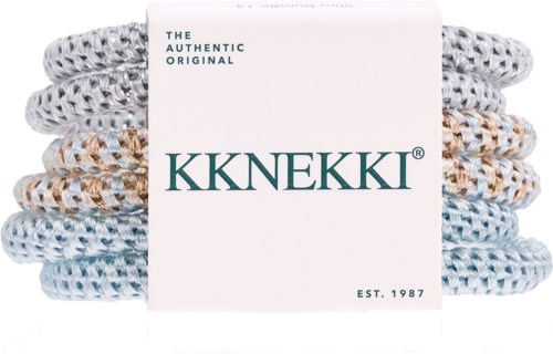 Six colorful woven hair ties with a label reading KKNEKKI and established in 1987.