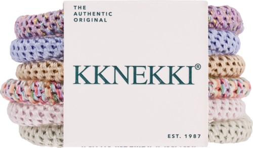 Colorful knitted hair ties with a label that reads KKNEKIKI, established in 1987.