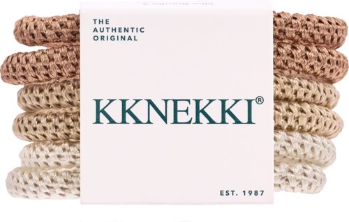 A pack of six beige and cream woven hair scrunchies with a label that says KKNKIKI and Est. 1987.