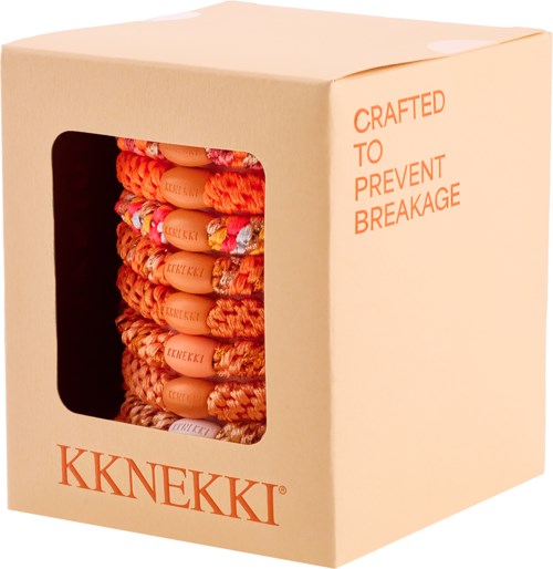 Box contains colorful, braided hairbands with orange beads, labeled KKNEKKI, with text about preventing breakage.