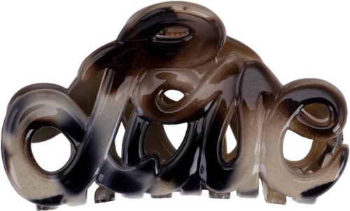 An abstract sculpture with smooth, shiny surfaces in black and beige tones. It has rounded, flowing shapes.