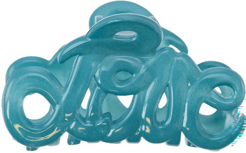 A blue, shiny sculpture spelling the word 'love' in cursive script.