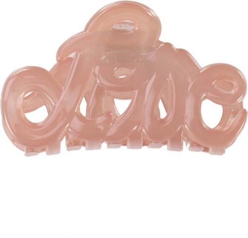 Pink plastic word 'love' with a bow on top, shaped like a decorative item.