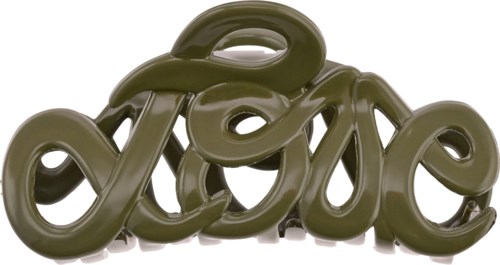 A dark green decorative sculpture spelling the word love in cursive style.