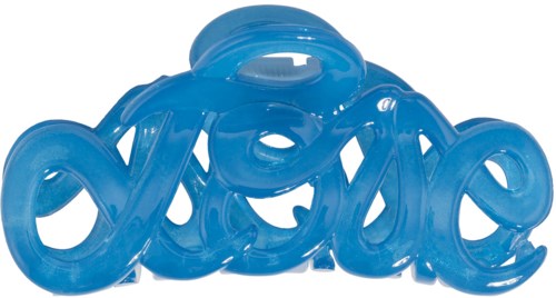 A blue plastic object spelling the word "love" in a playful, cursive style.