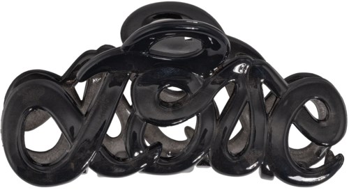 The image shows a black, glossy sculpture spelling the word "love" in a script font.