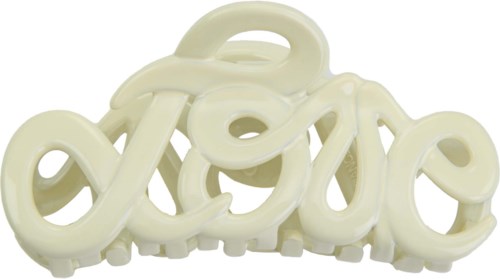 A white decorative item resembling the word "love" in a script font.
