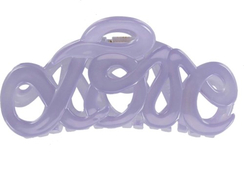 A purple hair clip in the shape of the word 'love' with a fancy, curvy font.