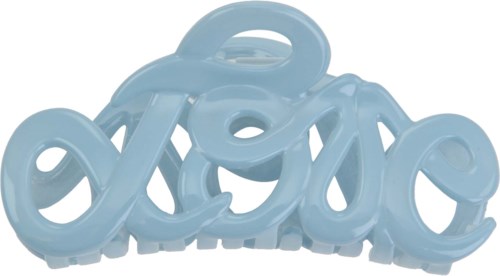 A blue plastic sculpture spelling 'love' in cursive, with a black and white background.