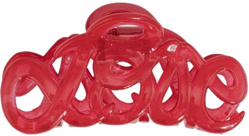 A red plastic object shaped as the word "love" in cursive, with a ring on top for hanging.