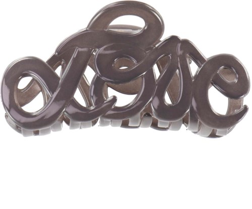 A black plastic sign spells 'love' in cursive, with a shiny finish and connected letters.