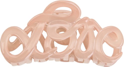 A pink plastic hair clip shaped like a word with curly ends and a smooth surface.
