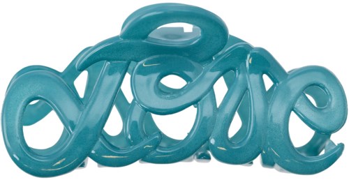 A shiny blue sculpture spelling 'love' in cursive style.