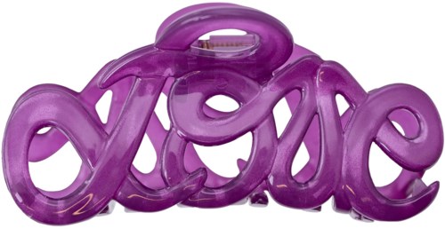 Purple plastic sculpture spelling "love" in a flowing script. It looks shiny and decorative.